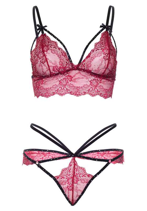 Комплект білизни мереживний Leg Avenue Scallop Lace Rhinestone, червоний, розмір S - Изображение 4