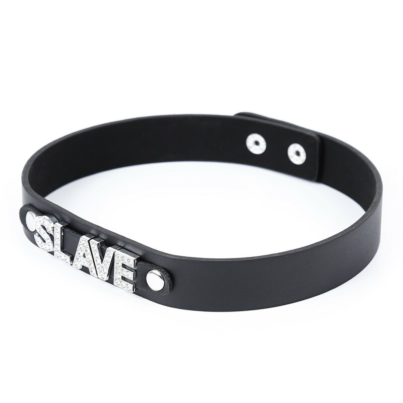 Нашийник зі штучної шкіри IDEA SM з написом SLAVE зі страз, чорний, 2 см - Зображення 1