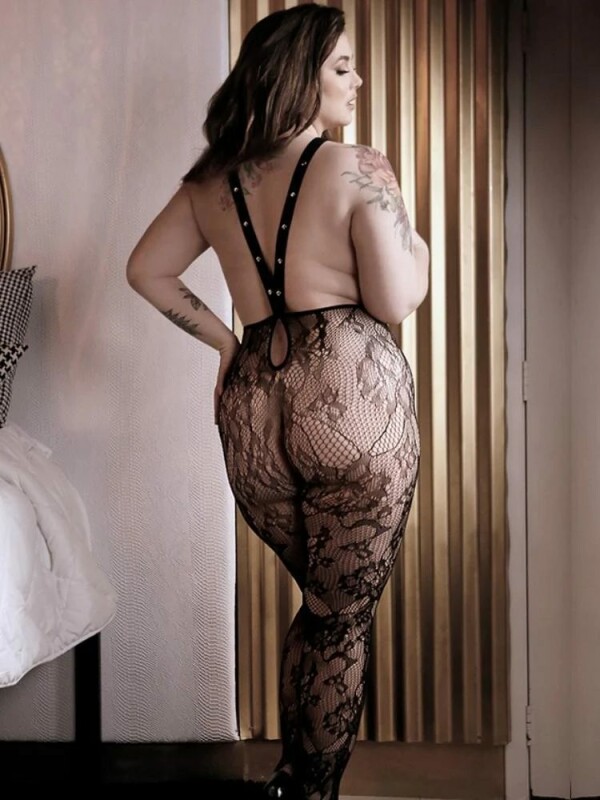 Бодістокінг сексуальний з відкритими грудьми Queen Size Floral Lace Fantasy Lingerie, чорний - Изображение 1