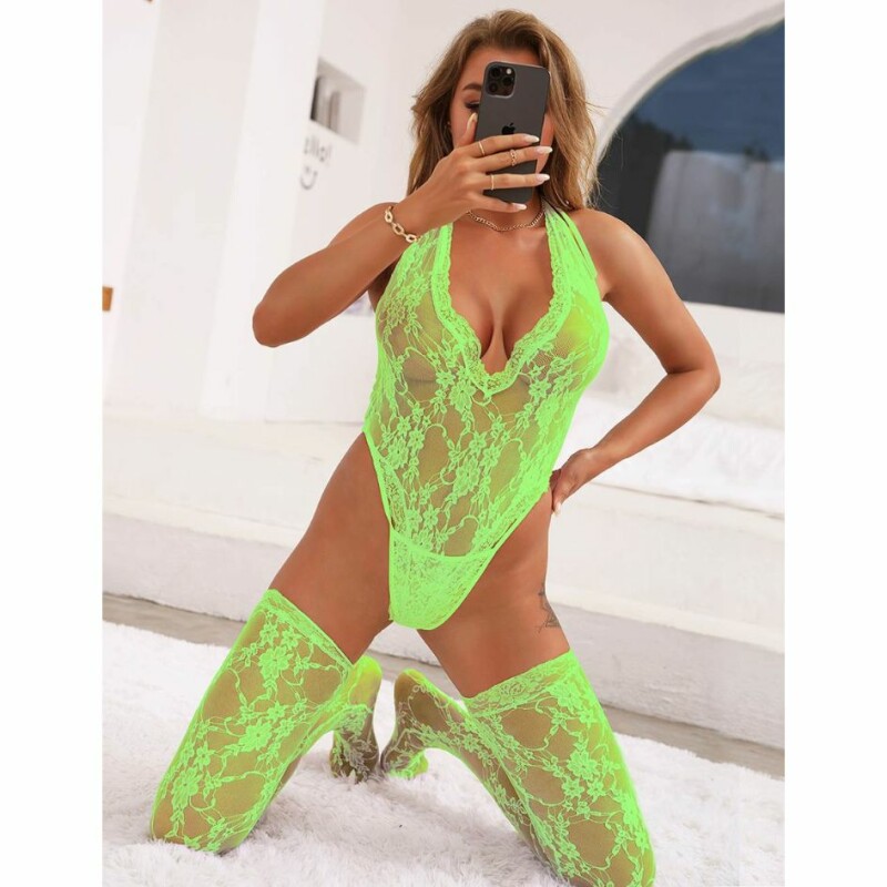 Комплект боді та панчохи Star Night Sexy Lace з мережива, зелений, XS-S