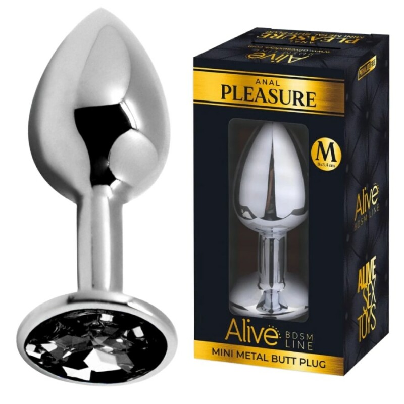 Анальна пробка Alive Anal Pleasure M, з чорним каменем, срібляста, 8 х 3.4 см
