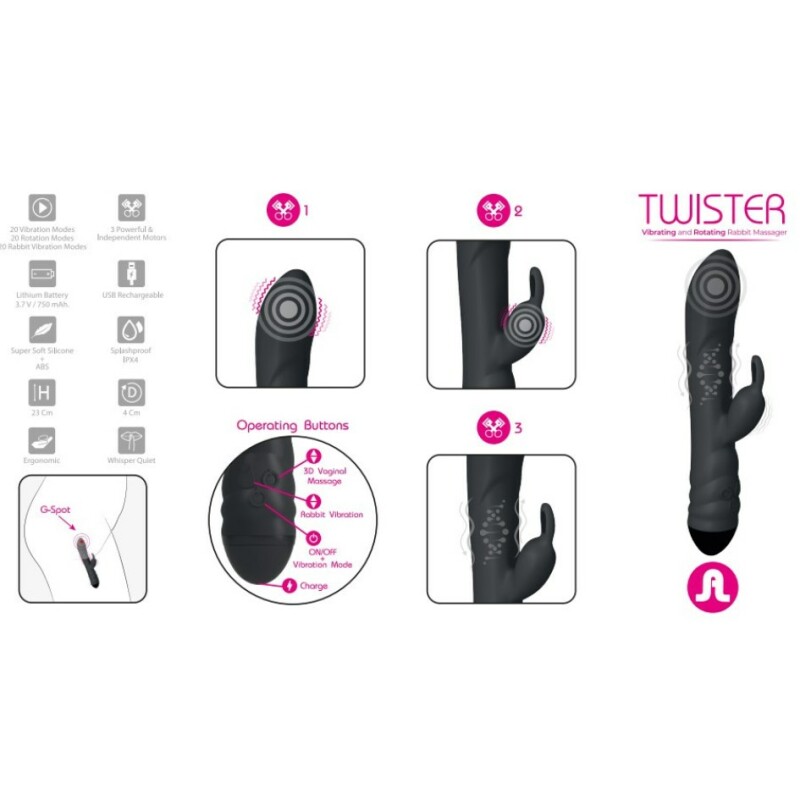 Вібратор-кролик Adrien Lastic Twister з ротацією, чорний, 23 х 4 см - Изображение 6