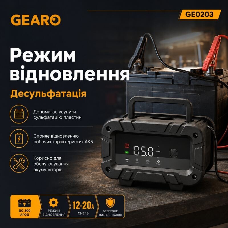 Зарядное устройство интеллектуальное для аккумулятора АКБ Gearo 12В 24В 20А 300Ач (GE0203) - Зображення 7