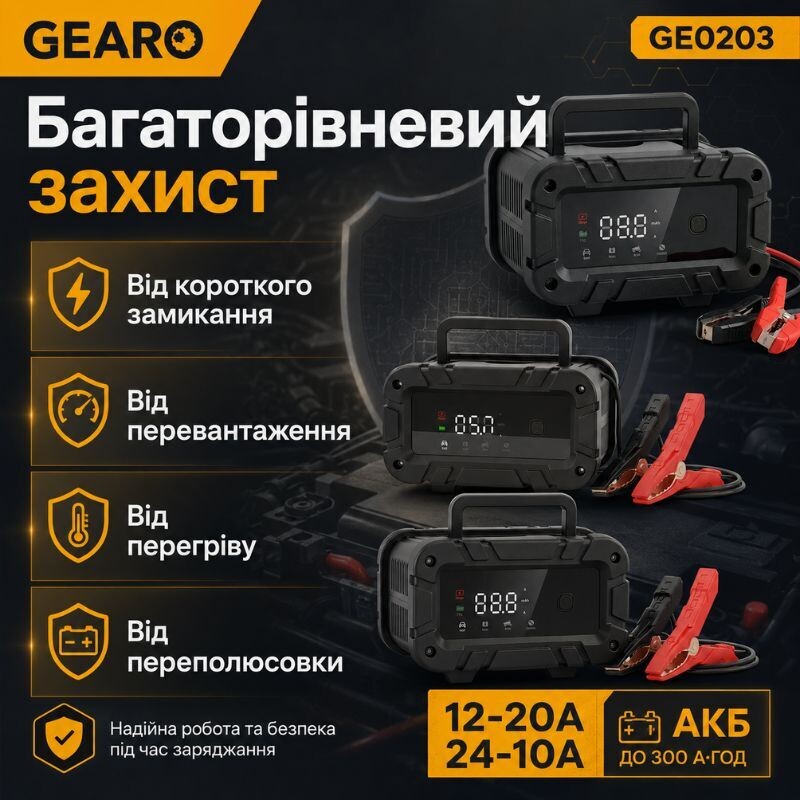Зарядное устройство интеллектуальное для аккумулятора АКБ Gearo 12В 24В 20А 300Ач (GE0203) - Зображення 8
